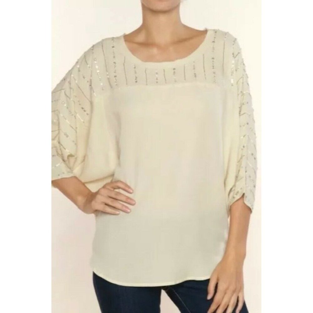 Ella Moss Womens Tiara‎ Sequin Blouse Top Ivory 3/4 Sleeve Batwing Dolman XS
